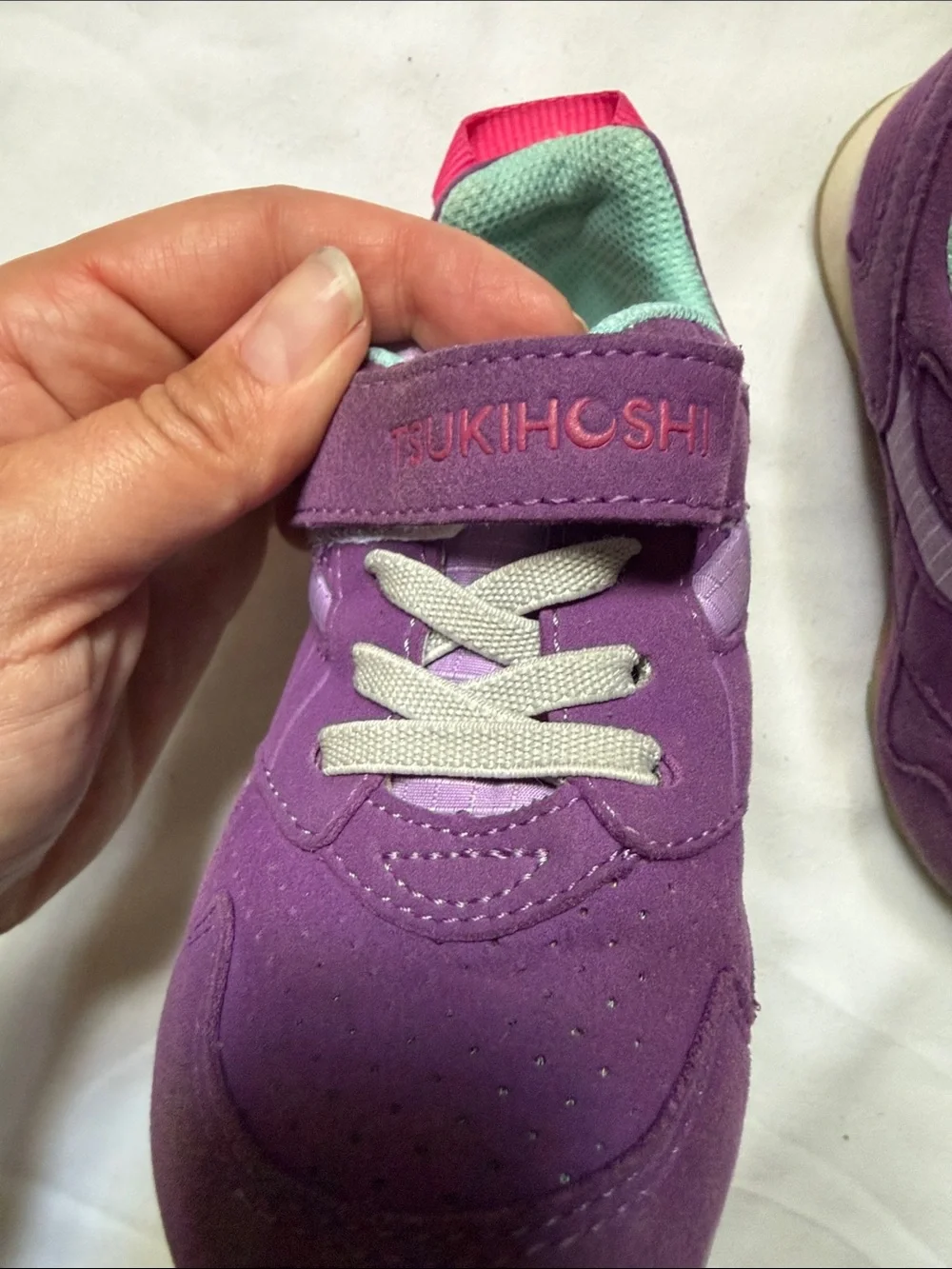 Tsukihoshi Purple Kids Sneakers with Mint Lining and Pink Pull Tabs - Velcro. 9